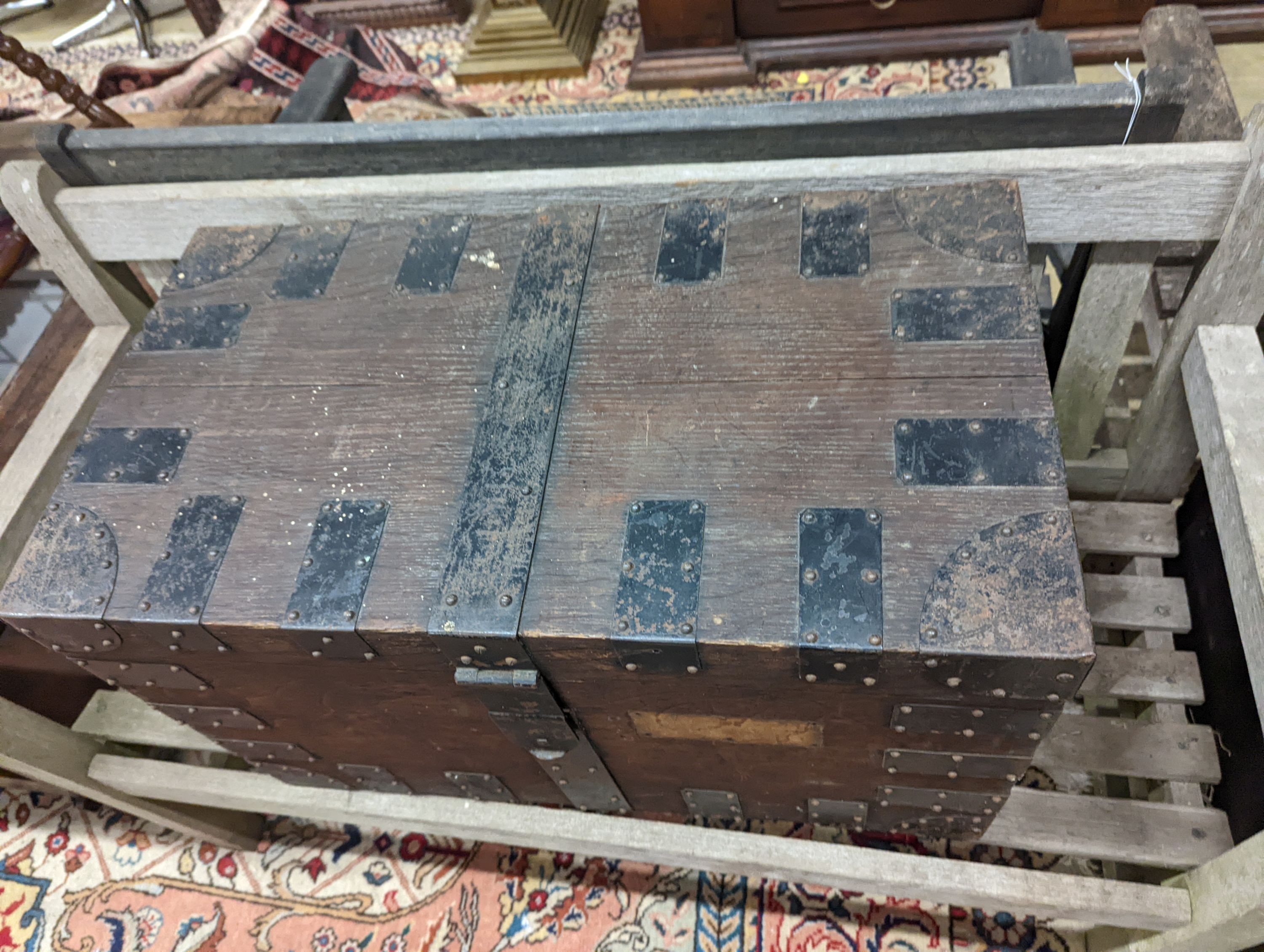 A Victorian iron bound oak silver canteen chest, width 70cm, depth 39cm, height 43cm